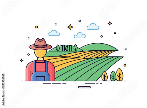 Rural land stewardship landowner figure overlooking stylized fields and rolling hills in neat perspective rows. A calm micro scene highlighting agricultural