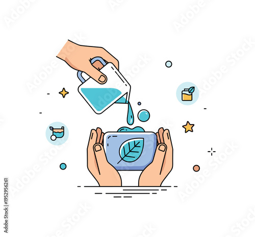 Soap making artisan craft illustrated by hands pouring liquid into a small mold with a leaf imprint, symbolizing natural handmade production. Subtle bubble