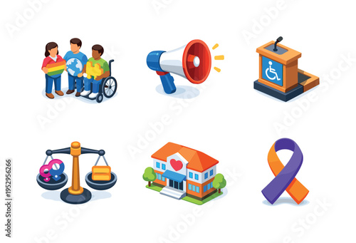 CommunityAdvocacy. Isometric flat vector icons set of communityadvocacy: people holding inclusive symbols, megaphone advocacy icon, accessible podium, equality