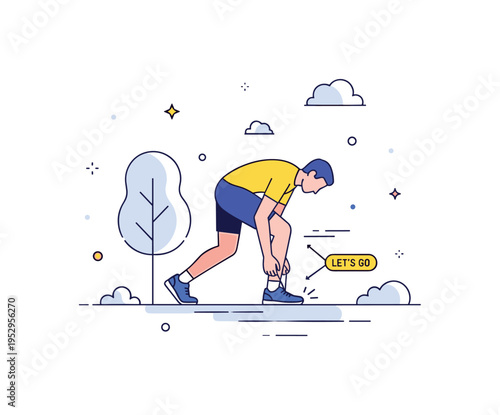 Jogging routine startup featuring a runner bending down to secure shoelaces in a calm outdoor setting. Subtle tree silhouette, light motion marks and a small