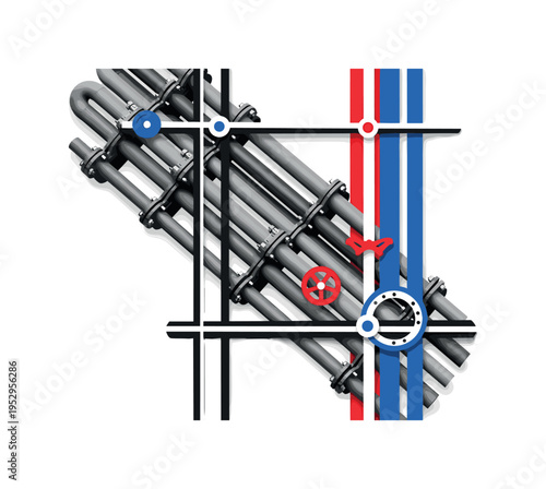 Black and white pipe clamp system holding multiple parallel pipes, repetitive circular motifs and linear grid elements reinforcing order, bold blue and red