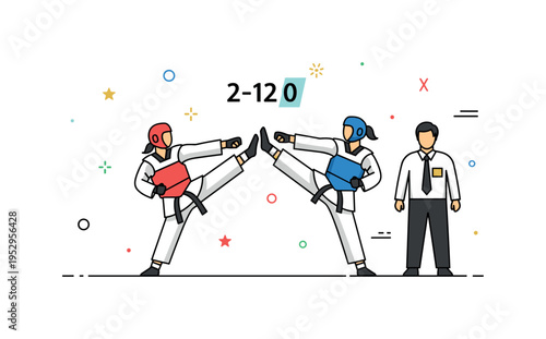 Olympic style taekwondo match concept featuring two athletes with scoring accent marks and a minimal referee silhouette, symbolizing competition and global