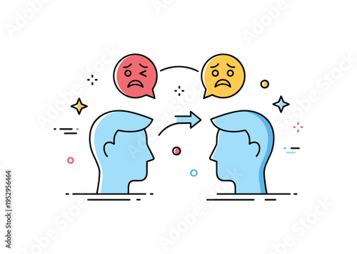 Empathy through imitation concept illustrated by two head silhouettes connected with a subtle curved line and identical expression icons, conveying emotional