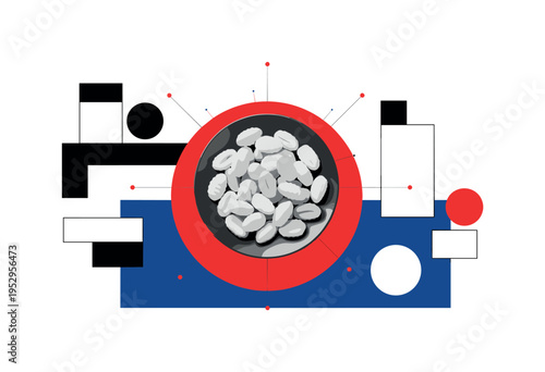 Black and white plate filled with finished gnocchi pieces viewed from above, bold red circular accent centered beneath the plate, deep blue rectangle grounding