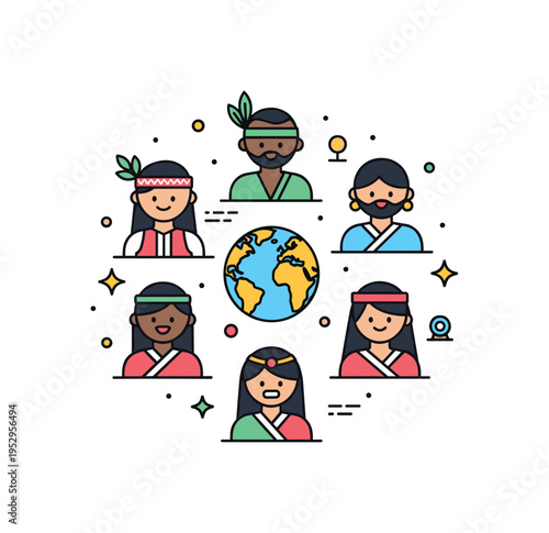 Cultural diversity celebration illustrated through a group of simplified characters wearing subtle traditional accessories gathered around a small globe,