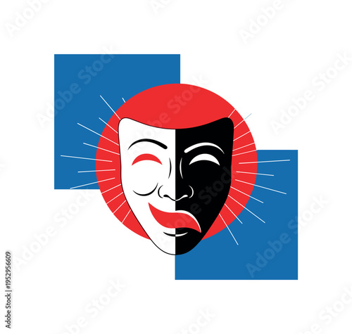 Black and white theatrical mask (comedy and tragedy combined into one face), bold red sun circle centered behind the mask, blue rectangular color fields offset