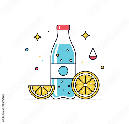 Healthy fizzy drink alternative concept built around a sparkling water bottle paired with a lemon slice and subtle star accents, symbolizing flavor, balance,