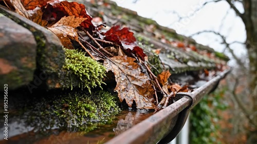 Clogged rain gutter filling with water and wet autumn leaves on moss covered roof for home maintenance content