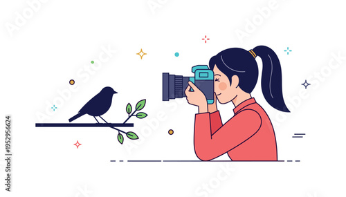 Nature photography scene featuring a camera aimed at a small bird silhouette perched on a branch with subtle leaf accents, symbolizing patience and wildlife