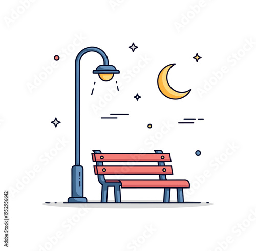 Urban evening corner lamp post beside a simplified bench silhouette under a crescent moon, expressing quiet city moments and late night reflection. Minimalist