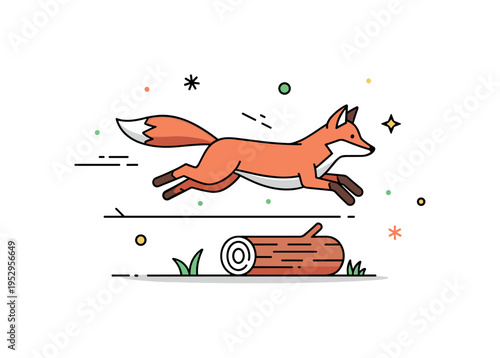 Fox jumping over log scene featuring a compact fox mid leap above a simple horizontal line suggesting a fallen branch, conveying agility, energy and playful