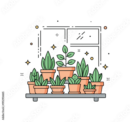 Indoor gardening concept illustrated by a cluster of small potted plants arranged on a simple shelf near a window outline, expressing cozy home greenery and