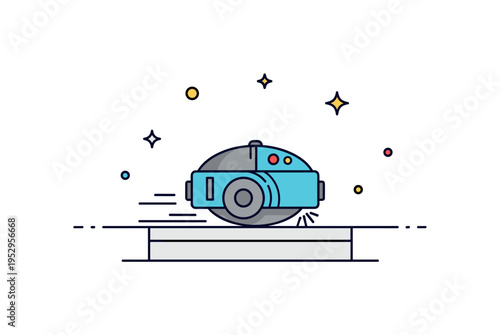 Robotic vacuum routine small round cleaning robot moving across a simplified floor layout with subtle motion lines, expressing autonomous household assistance.