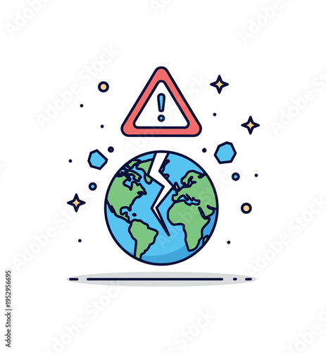 Imminent danger environmental threat symbolized by a cracked planet icon with a warning triangle hovering above and tiny debris accents around it. A compact