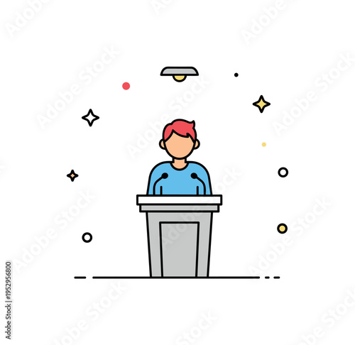 Public speaking confidence scene featuring a person standing before a simple podium with calm posture and subtle spotlight above, symbolizing courage and clear