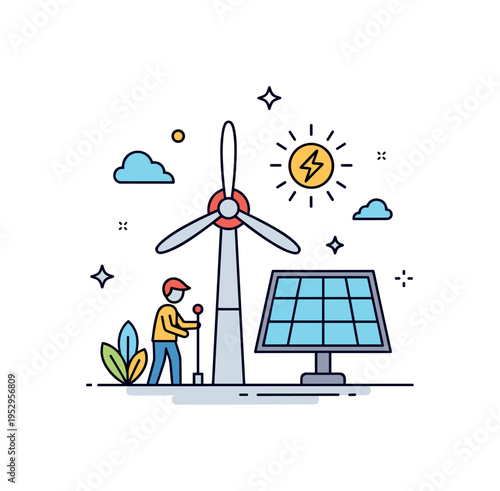 Sustainable energy concept shown as a wind turbine and solar panel with a small figure tending nearby, expressing renewable energy adoption and ecological