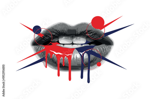 Black and white lips with dramatic graphic paint dripping in structured geometric forms, abstract circles and sharp diagonal lines in red and deep blue,