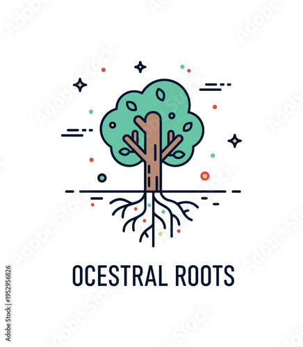 Ancestral roots concept shown as a stylized tree with visible roots beneath a simple ground line, symbolizing origin, stability and inherited values. The