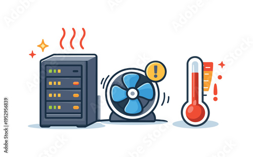 Server thermal management issue highlighting cooling failure and system strain, illustrated by a data cabinet paired with a fan icon slowing down and a