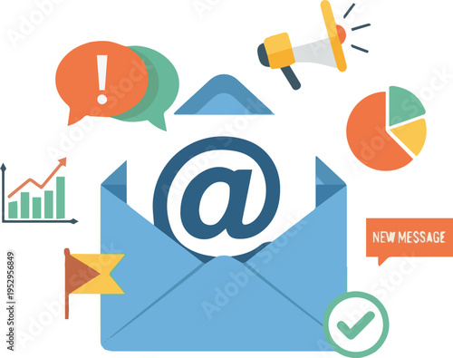 Email notification icons surround an open envelope with an at sign