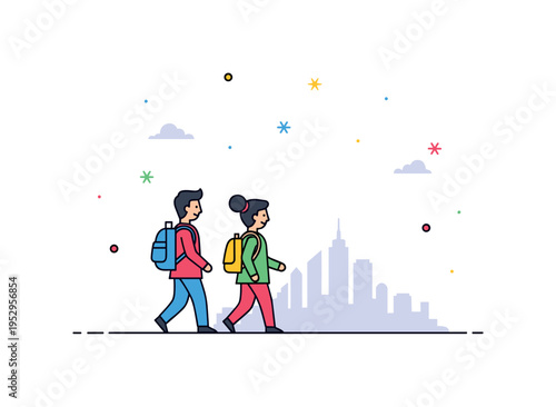 City exploration duo visualized with two small figures walking toward a minimal skyline silhouette, expressing curiosity and shared discovery in urban travel.