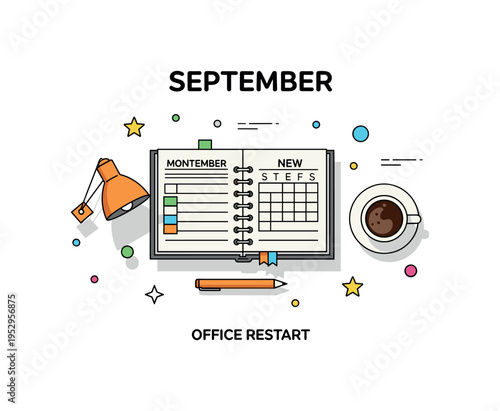 September office restart mood illustrated by a desk with planner open to a new month and a small coffee cup beside it, expressing renewed productivity after