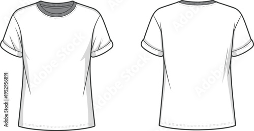 Clean technical fashion of a white short sleeve crewneck t-shirt with grey collar and cuffs shown from front and back views