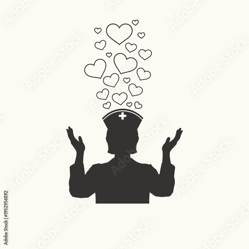 Nurse Silhouette with Hearts Illustrating Care, Compassion, and Healthcare Love