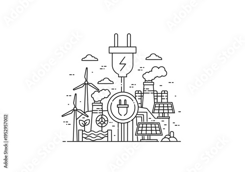 Sustainable energy concept with wind turbines, factories and power plug, eco friendly technology