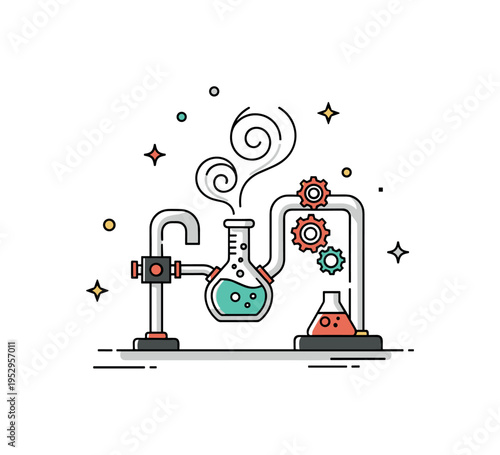 Steampunk laboratory experiment showing a small flask connected to pipes and gears with gentle steam curls, conveying curiosity, alchemy inspired science and