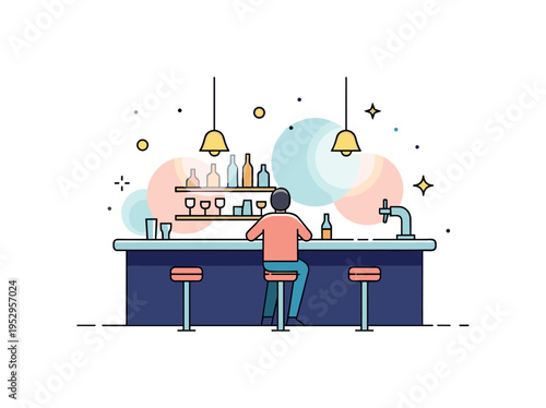 Blurred nightlife scene bar counter with glowing lights rendered as soft overlapping circles around a seated figure, capturing hazy perception and party