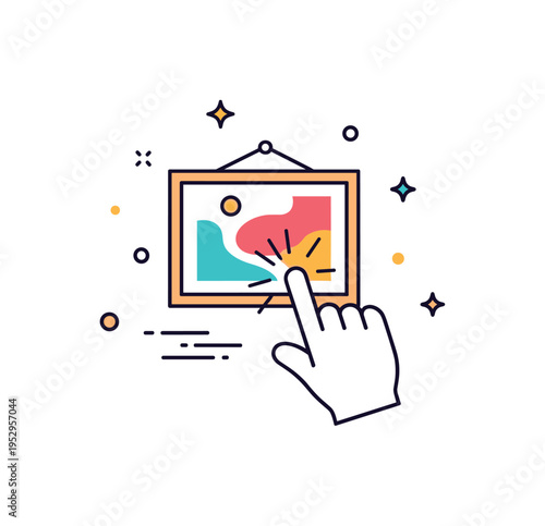 Interactive art viewing experience shown through a cursor hand icon touching a framed abstract piece with small motion sparkles. The scene communicates