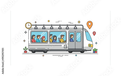 Commuter train ride with passengers visible through wide windows, symbolizing daily routine, connection, and urban mobility. Subtle clock and location pin