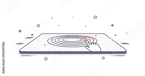 Digital surface interface centered on a flat screen with subtle grid pattern and touch ripple effect, symbolizing interaction, technology, and responsive