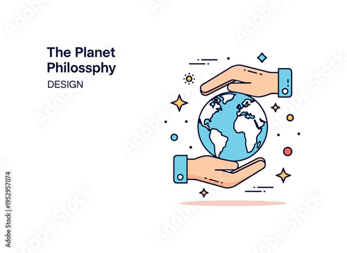 Design for the planet philosophy illustration showing a globe gently held within abstract shaping hands and small star accents, expressing care, intention, and