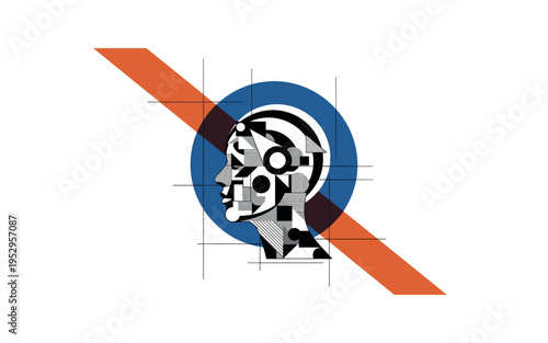 Black and white abstract human form dissolving into geometric shapes that orbit a central circle, large cobalt blue circular core representing awakened