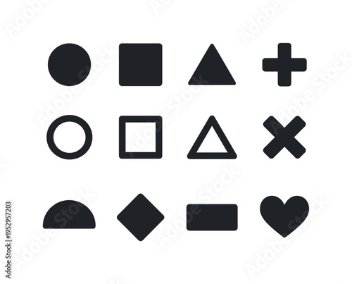 Minimal Shape Design. Solid icon set of minimal shape design: simple circle, simple square, simple triangle, reduced forms, minimal composition,