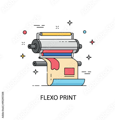 Printing techniques flexographic printing process shown as a rotating cylinder transferring ink onto packaging material, expressing efficiency in large volume
