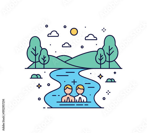 River baptism pastoral landscape scene featuring a calm river curve with two figures centered and minimal tree silhouettes framing the background.