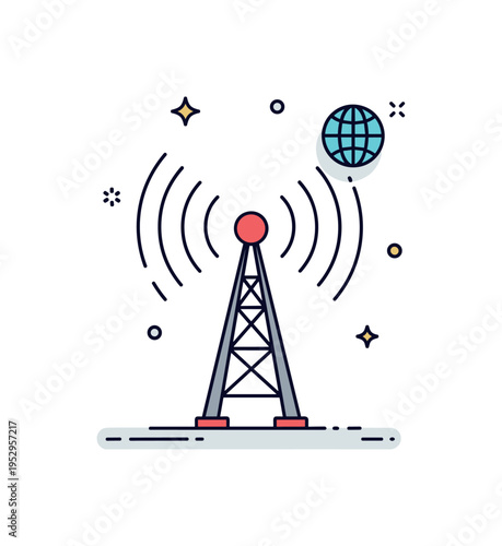 Radio wave transmission antenna tower emitting curved signal waves with a small globe accent nearby, symbolizing wireless communication and global