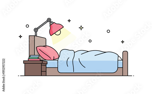 Evening bedroom calm with a bedside lamp casting a soft glow over smooth sheets and rounded bedding forms. The composition highlights serenity and quiet