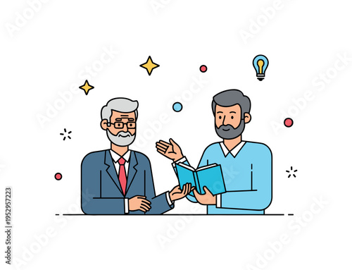 Mentorship after retirement concept with an older professional sharing knowledge with a younger colleague representing guidance, experience, and legacy