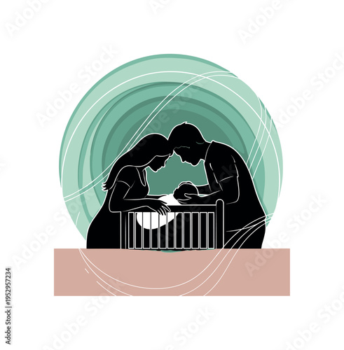 Black and white emotional moment of parents leaning over newborn in crib, oversized mint green circular halo highlighting central focus, muted blush horizontal
