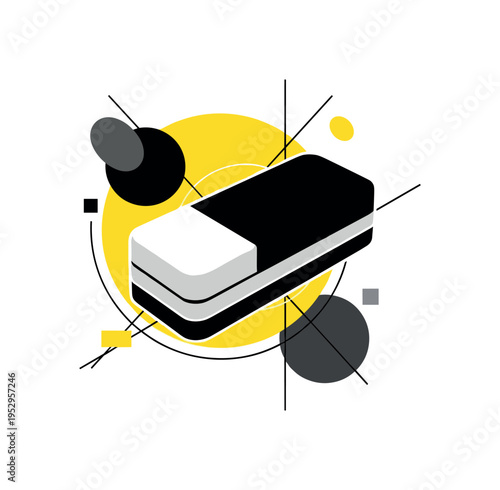 vintage chalkboard eraser in black and white as central object, layered collage look with white outline, bold yellow geometric circle and thin black structural