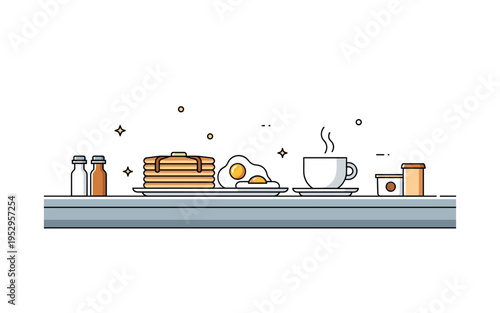 Classic diner breakfast plate with pancakes, fried eggs and a small coffee cup arranged neatly on a chrome counter, capturing hearty comfort and morning