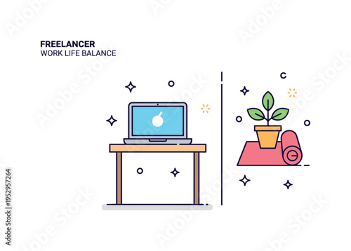Freelancer work life balance concept featuring a desk with laptop on one side and a small plant or yoga mat icon on the other, symbolizing harmony between