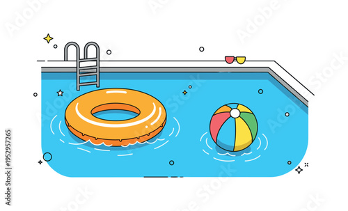 Pool party bright blue swimming pool with a large inflatable ring and a colorful beach ball floating on the water, capturing carefree summer vibes and playful