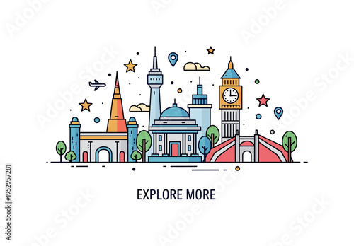 World landmarks travel celebration emblem combining simplified monument silhouettes with small star accents and a subtle ?Explore More? caption integrated