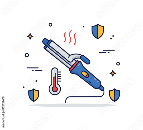 Heat styling safety guide centered on a curling iron paired with a small thermometer icon, expressing proper temperature control and hair protection. Subtle