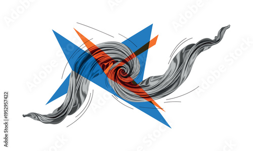black and white flowing silk fabric twisting into abstract spiral form, bold blue and orange geometric shapes intersecting the spiral, thin linear accents